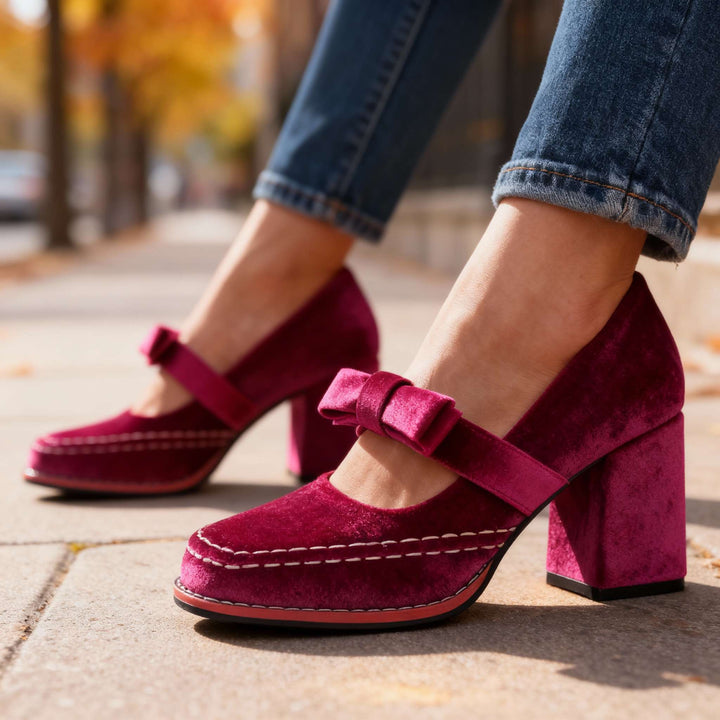 Guadalupe | Zapatos de Terciopelo Tipo Mocasín con Tacón Ancho - 4