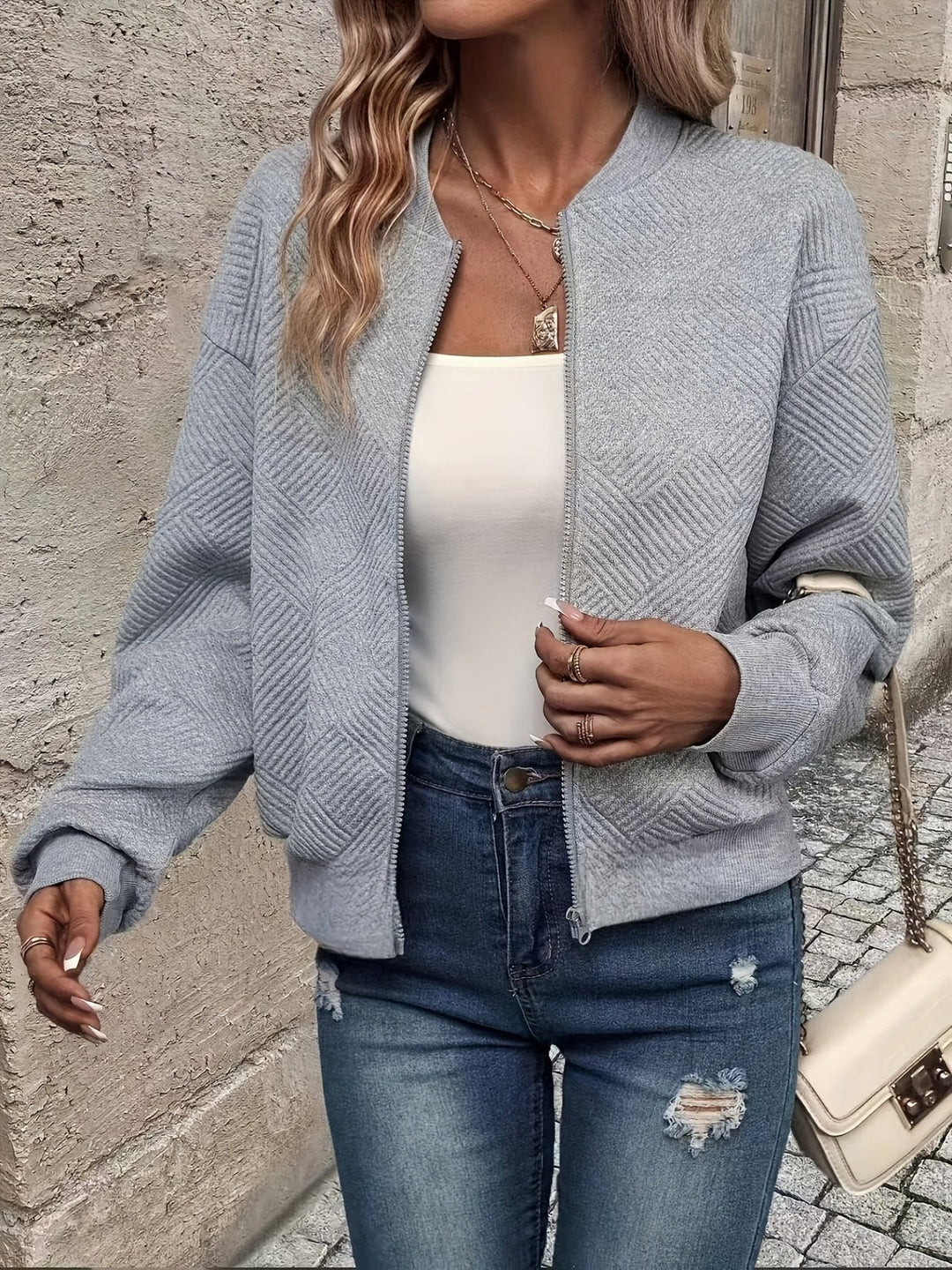 Leonilda | Chaqueta Bomber Acolchada con Pespunte de Rombos - Gris claro
