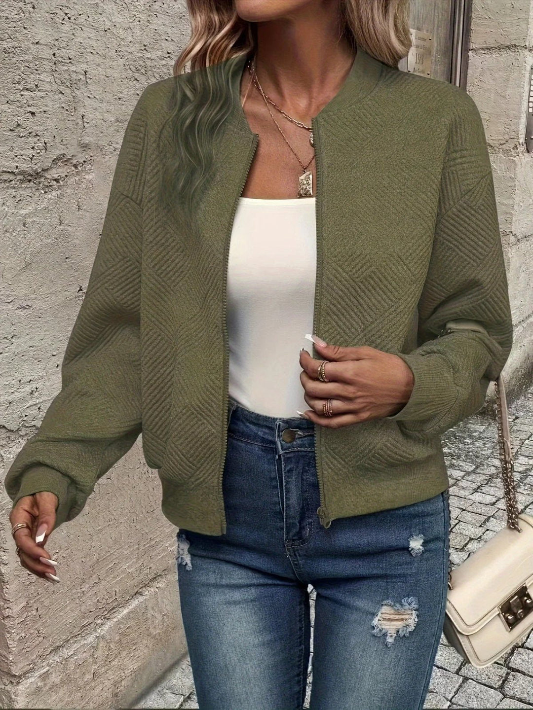 Leonilda | Chaqueta Bomber Acolchada con Pespunte de Rombos - Verde oliva