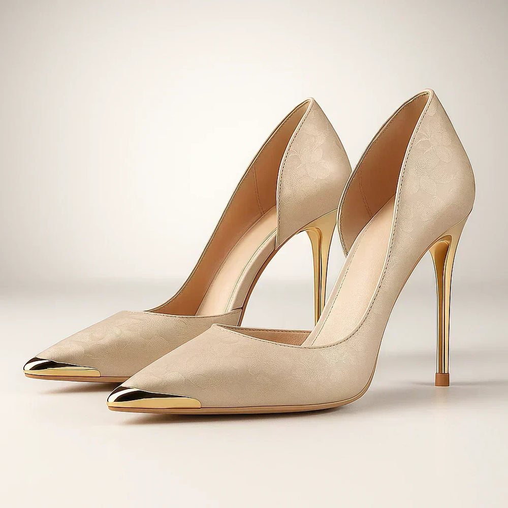 Noemí | Stilettos de Satén con Puntera Metalizada - Beige