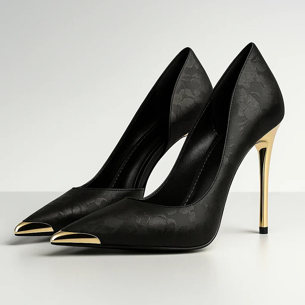 Noemí | Stilettos de Satén con Puntera Metalizada - Negro