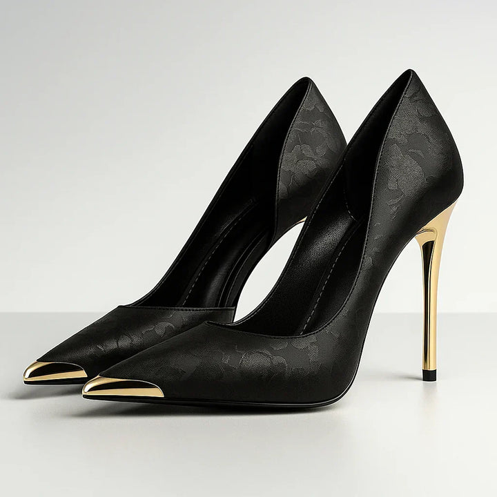 Noemí | Stilettos de Satén con Puntera Metalizada - Negro