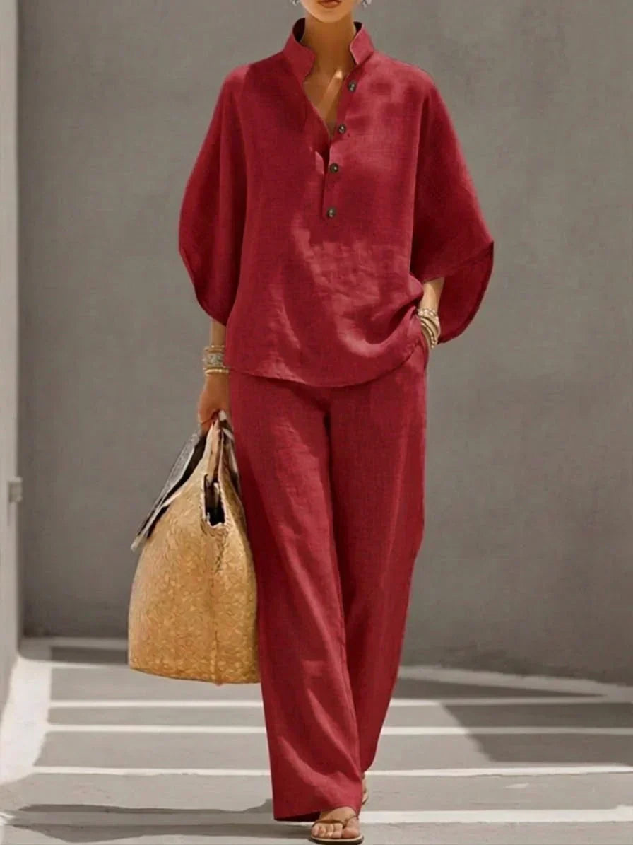 Pilar | Conjunto completo de lino con mangas de murciélago y pantalones anchos