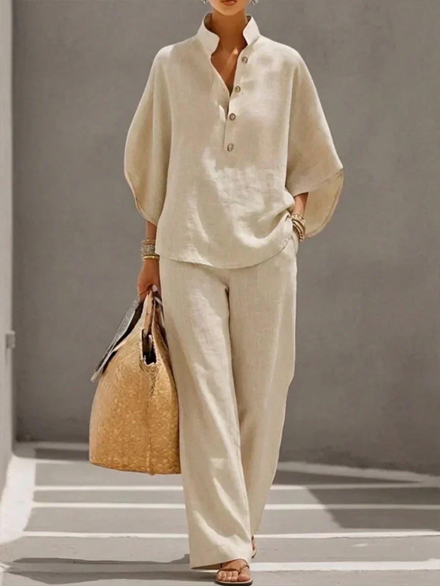 Pilar | Conjunto completo de lino con mangas de murciélago y pantalones anchos