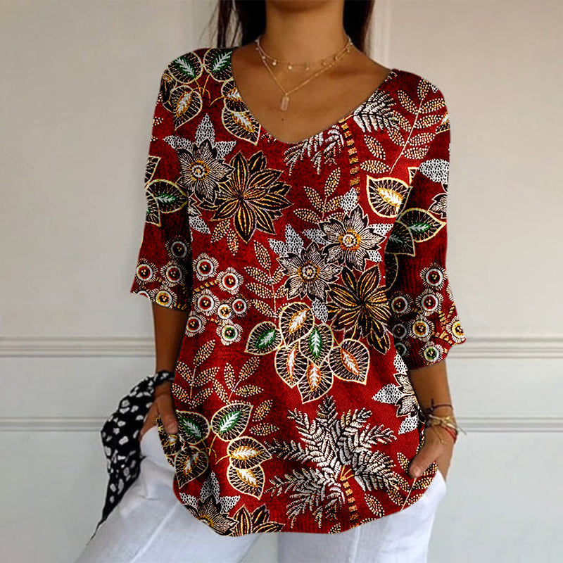 【Mangas Largas】Camiseta Impresa Hojas Vintage