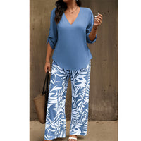 Alicia | Conjunto de mujer blusa con cuello en V y pantalones estampados de corte ancho