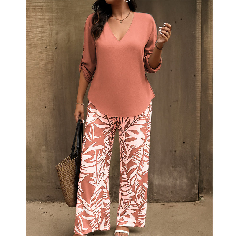 Alicia | Conjunto de mujer blusa con cuello en V y pantalones estampados de corte ancho