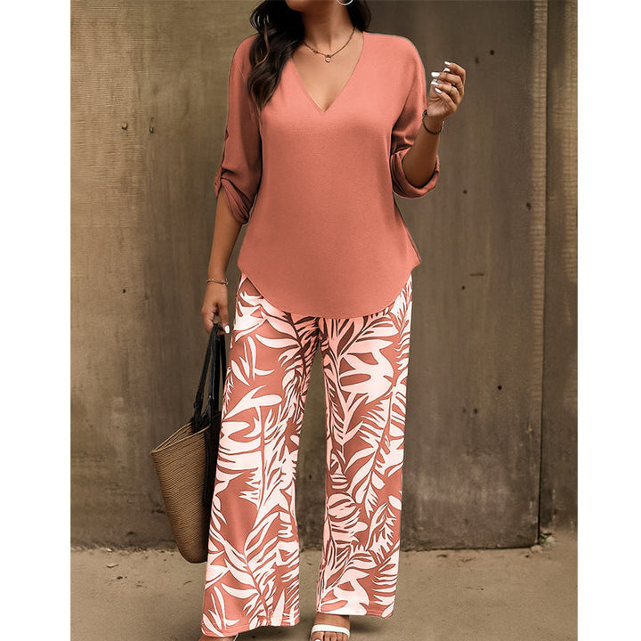 Alicia | Conjunto de mujer blusa con cuello en V y pantalones estampados de corte ancho