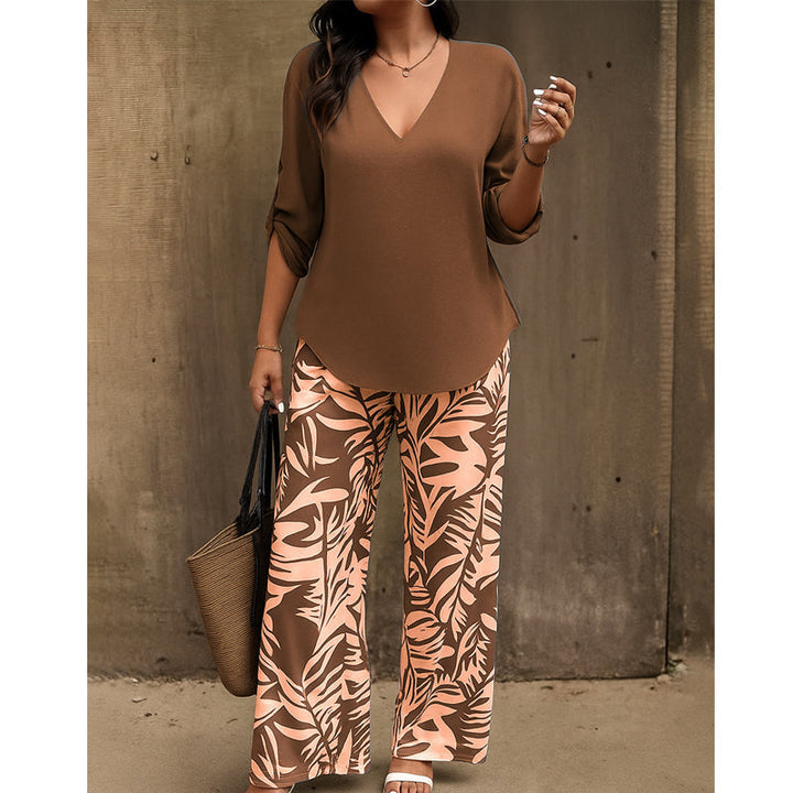 Alicia | Conjunto de mujer blusa con cuello en V y pantalones estampados de corte ancho