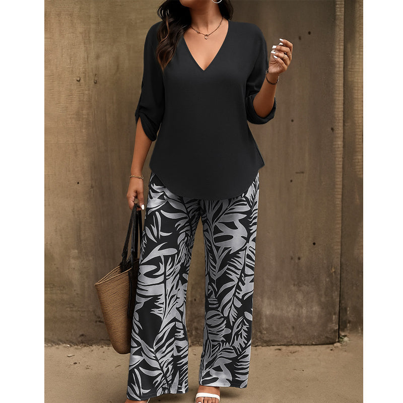 Alicia | Conjunto de mujer blusa con cuello en V y pantalones estampados de corte ancho
