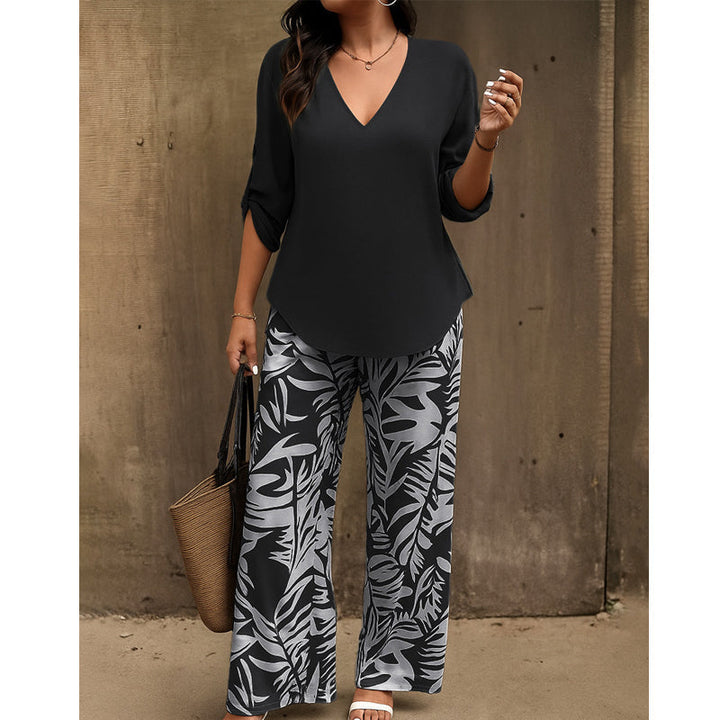 Alicia | Conjunto de mujer blusa con cuello en V y pantalones estampados de corte ancho