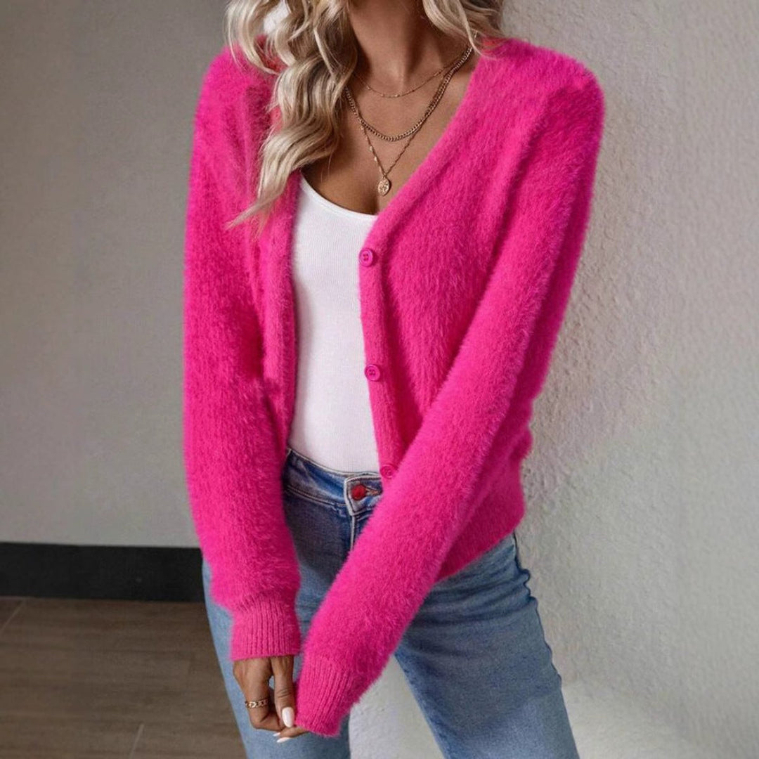 Irene - Cárdigan de Punto Peludo de Mujer con Cuello de Pico