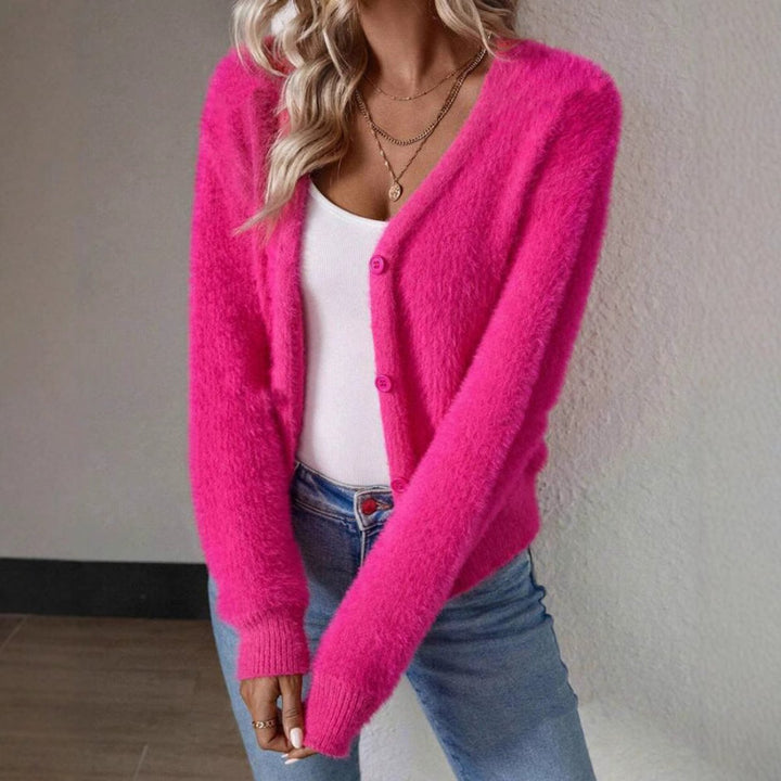 Irene - Cárdigan de Punto Peludo de Mujer con Cuello de Pico