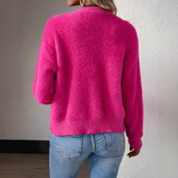 Irene - Cárdigan de Punto Peludo de Mujer con Cuello de Pico